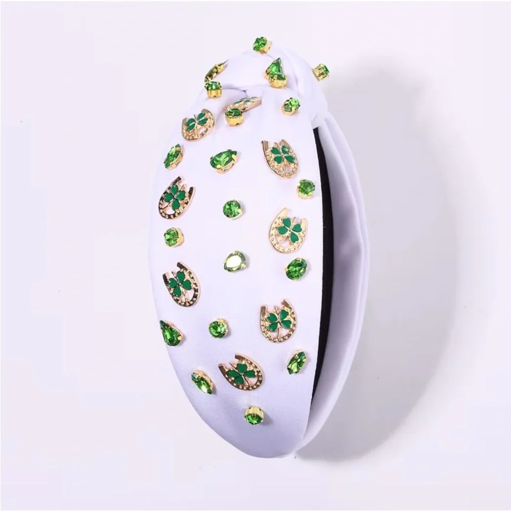 NWT White Knotted Headband with Green Gem Shamrock Horseshoe Accents